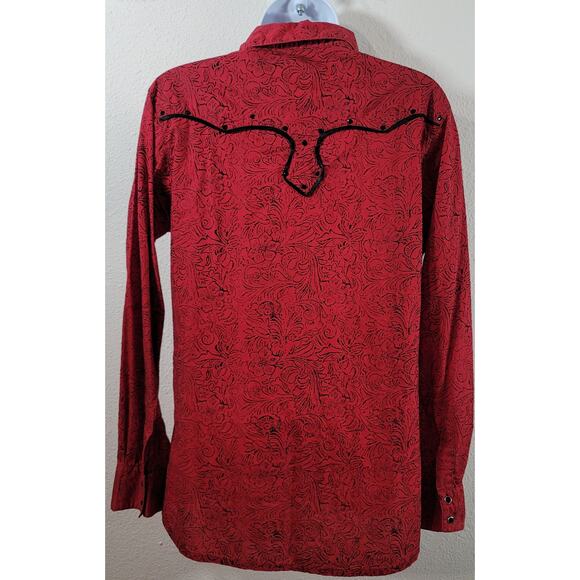 Wrangler Red Black Rhinestones Button Snap Top Medium Lightweight Collard Soft - Picture 2 of 6
